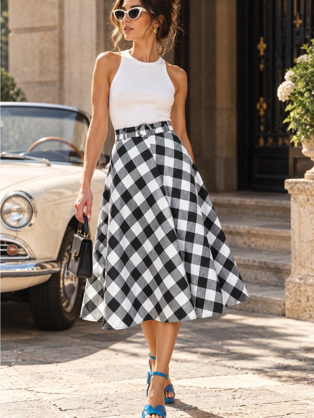 Kate Spade NY Linen Blend Gingham Belted Midi Skirt Black White 2 NWOT $328